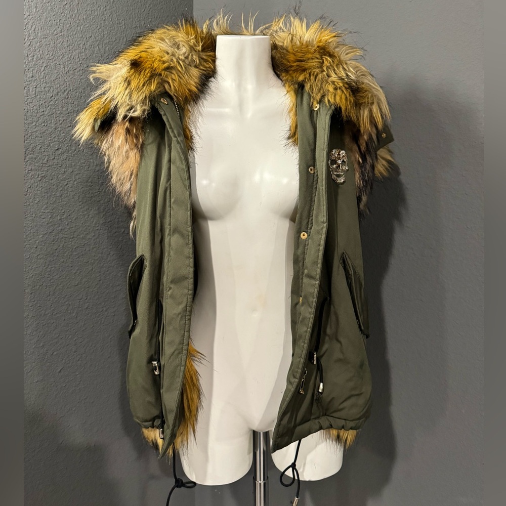 Philipp Plein Olive Vest with Real Fur Details